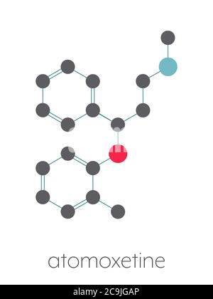 Molécule médicamenteuse de trouble d'hyperactivité avec déficit de l'attention (TDAH) de l'atomoxétine. Formule squelettique stylisée (structure chimique). Les atomes sont affichés en tant que co-couleur Banque D'Images