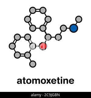 Molécule médicamenteuse de trouble d'hyperactivité avec déficit de l'attention (TDAH) de l'atomoxétine. Formule squelettique stylisée (structure chimique). Les atomes sont affichés en tant que co-couleur Banque D'Images