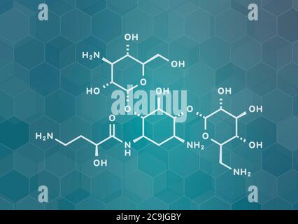 Amikacine aminoglycoside molécule antibiotique. Principalement utilisé comme traitement de dernier recours de bactéries Gram-négatives multirésistantes. Formul. Squelette blanc Banque D'Images