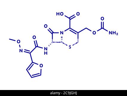 Céfuroxime molécule antibiotique de céphalosporine de deuxième génération. Formule squelettique bleue sur fond blanc. Banque D'Images