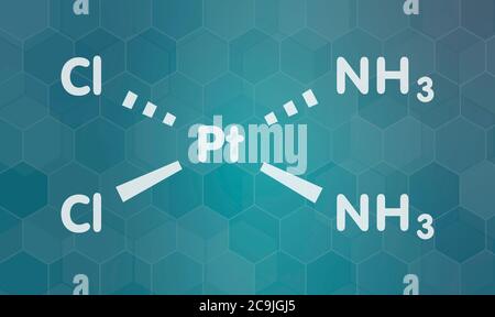 Molécule de médicament de chimiothérapie du cancer du cisplatine. Formule blanche du squelette sur fond de gradient sarcelle foncé avec motif hexagonal. Banque D'Images