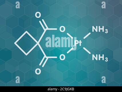 Molécule de médicament de chimiothérapie pour le cancer du carboplatine. Formule blanche du squelette sur fond de gradient sarcelle foncé avec motif hexagonal. Banque D'Images