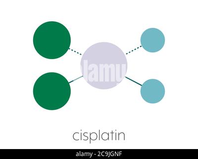 Molécule de médicament de chimiothérapie du cancer du cisplatine. Formule squelettique stylisée (structure chimique). Les atomes sont représentés sous forme de cercles à code couleur reliés par un réseau fin Banque D'Images