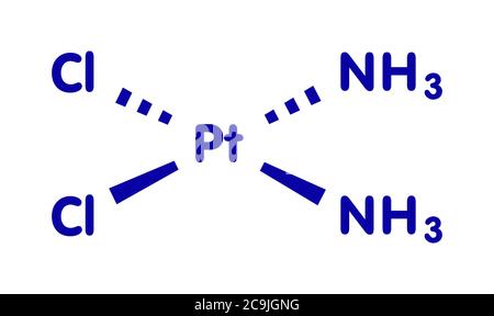 Molécule de médicament de chimiothérapie du cancer du cisplatine. Formule squelettique bleue sur fond blanc. Banque D'Images