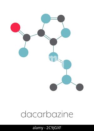 Molécule de médicament de chimiothérapie pour le cancer de la dacarbazine. Formule squelettique stylisée (structure chimique). Les atomes sont représentés par des cercles de couleur reliés par ce dernier Banque D'Images