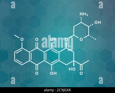 Molécule de médicament de chimiothérapie anticancéreuse à la daunorubicine (daunomycine). Formule blanche du squelette sur fond de gradient sarcelle foncé avec motif hexagonal. Banque D'Images