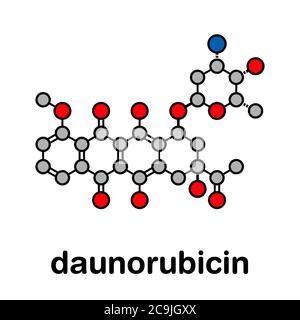 Molécule de médicament de chimiothérapie anticancéreuse à la daunorubicine (daunomycine). Formule squelettique stylisée (structure chimique). Les atomes sont représentés par des cercles de couleur wi Banque D'Images