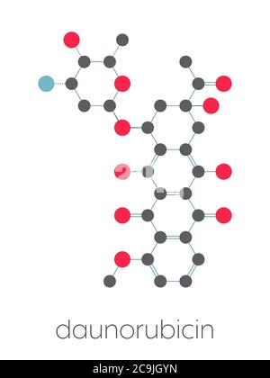 Molécule de médicament de chimiothérapie anticancéreuse à la daunorubicine (daunomycine). Formule squelettique stylisée (structure chimique). Les atomes sont affichés sous forme de cercles de couleur co Banque D'Images