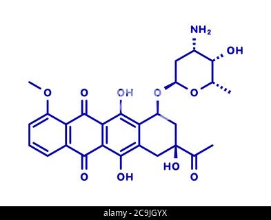 Molécule de médicament de chimiothérapie anticancéreuse à la daunorubicine (daunomycine). Formule squelettique bleue sur fond blanc. Banque D'Images