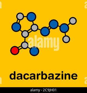 Molécule de médicament de chimiothérapie pour le cancer de la dacarbazine. Formule squelettique stylisée (structure chimique). Les atomes sont représentés sous forme de cercles à code couleur avec un noir épais Banque D'Images