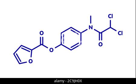 Diloxanide furoate amoebiasis molécule de médicament. Utilisé dans le traitement des infections histolytiques d'Entamoeba. Formule squelettique bleue sur fond blanc. Banque D'Images