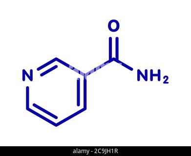 Nicotinamide et molécule de vitamine. Formule squelettique bleue sur fond blanc. Banque D'Images