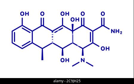 Molécule d'antibiotique de Doxycycline (classe tétracycline). Formule squelettique bleue sur fond blanc. Banque D'Images