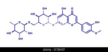 Diosmin maladie veineuse et molécule de médicament des hémorroïdes. Formule squelettique bleue sur fond blanc. Banque D'Images