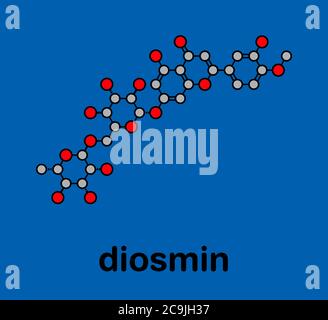 Diosmin maladie veineuse et molécule de médicament des hémorroïdes. Formule squelettique stylisée (structure chimique). Les atomes sont représentés sous forme de cercles avec code couleur Banque D'Images