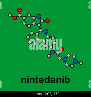 Molécule de médicament anticancéreux nintedanib. Inhibiteur d'angiogenèse. Formule squelettique stylisée (structure chimique). Les atomes sont représentés par des cercles de couleur avec t Banque D'Images