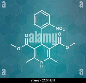 Nifédipine calcique bloqueur de canal. Utilisé dans le traitement de l'angine et de l'hypertension (hypertension). Formule blanche pour le squelette sur le gradi sarcelle foncé Banque D'Images