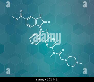 Molécule de médicament anticancéreux nintedanib. Inhibiteur d'angiogenèse. Formule blanche du squelette sur fond de gradient sarcelle foncé avec motif hexagonal. Banque D'Images