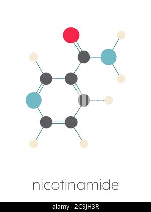 Nicotinamide et molécule de vitamine. Formule squelettique stylisée (structure chimique). Les atomes sont représentés sous forme de cercles à code couleur reliés par des liaisons minces Banque D'Images