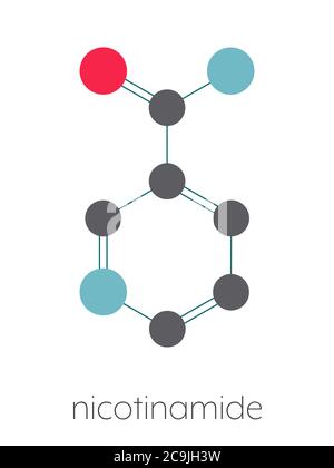 Nicotinamide et molécule de vitamine. Formule squelettique stylisée (structure chimique). Les atomes sont représentés sous forme de cercles à code couleur reliés par des liaisons minces Banque D'Images