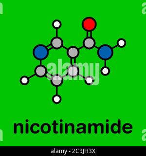 Nicotinamide et molécule de vitamine. Formule squelettique stylisée (structure chimique). Les atomes sont représentés sous forme de cercles à code couleur avec une épaisse outeil noire Banque D'Images