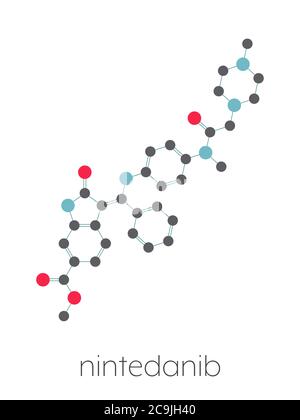 Molécule de médicament anticancéreux nintedanib. Inhibiteur d'angiogenèse. Formule squelettique stylisée (structure chimique). Les atomes sont représentés par des cercles de couleur Banque D'Images