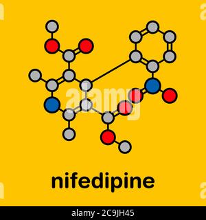 Nifédipine calcique bloqueur de canal. Utilisé dans le traitement de l'angine et de l'hypertension (hypertension). Formule squelette stylisée (structure chimique Banque D'Images