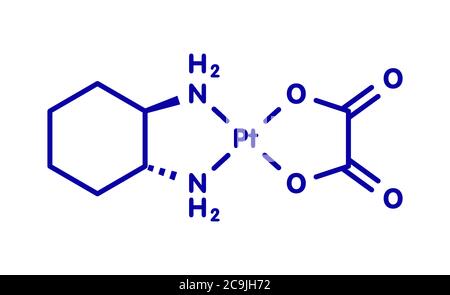 Molécule de médicament de chimiothérapie pour le cancer de l'oxaliplatine. Formule squelettique bleue sur fond blanc. Banque D'Images