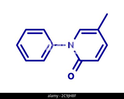 Molécule médicamenteuse de la fibrose pulmonaire idiopathique (FPI) pirfénidone. La FPI est une maladie pulmonaire rare. Formule squelettique bleue sur fond blanc. Banque D'Images