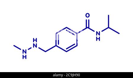 Molécule de médicament contre le cancer de la procarbazine. Agent alkylant utilisé dans le traitement du lymphome de Hodgkin et du cancer du cerveau du glioblastome. Formule bleue du squelette sur wh Banque D'Images