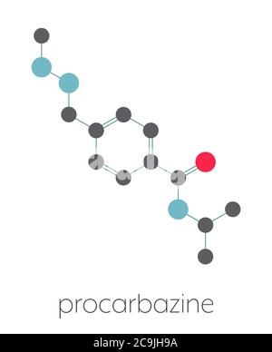 Molécule de médicament contre le cancer de la procarbazine. Agent alkylant utilisé dans le traitement du lymphome de Hodgkin et du cancer du cerveau du glioblastome. Formule squelette stylisée ( Banque D'Images