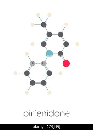 Molécule médicamenteuse de la fibrose pulmonaire idiopathique (FPI) pirfénidone. La FPI est une maladie pulmonaire rare. Formule squelettique stylisée (structure chimique). Les atomes sont s. Banque D'Images