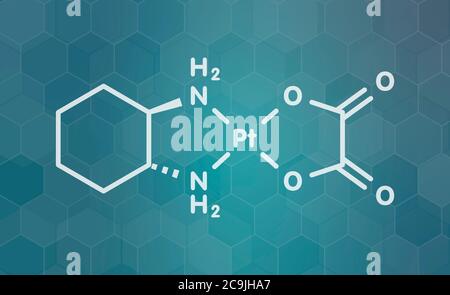 Molécule de médicament de chimiothérapie pour le cancer de l'oxaliplatine. Formule blanche du squelette sur fond de gradient sarcelle foncé avec motif hexagonal. Banque D'Images