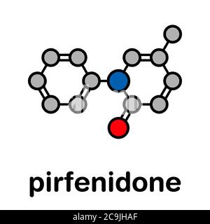 Molécule médicamenteuse de la fibrose pulmonaire idiopathique (FPI) pirfénidone. La FPI est une maladie pulmonaire rare. Formule squelettique stylisée (structure chimique). Les atomes sont s. Banque D'Images