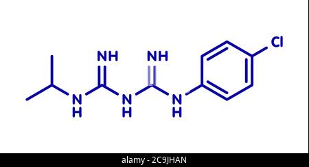 Proguanil prophylactique paludisme molécule de médicament. Formule squelettique bleue sur fond blanc. Banque D'Images