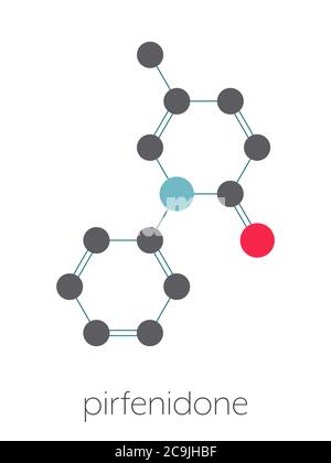 Molécule médicamenteuse de la fibrose pulmonaire idiopathique (FPI) pirfénidone. La FPI est une maladie pulmonaire rare. Formule squelettique stylisée (structure chimique). Les atomes sont s. Banque D'Images