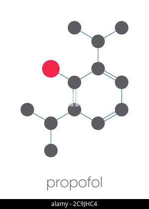 Molécule de médicament anesthésique de propofol. Formule squelettique stylisée (structure chimique). Les atomes sont représentés par des cercles de couleur reliés par des liaisons minces, on Banque D'Images
