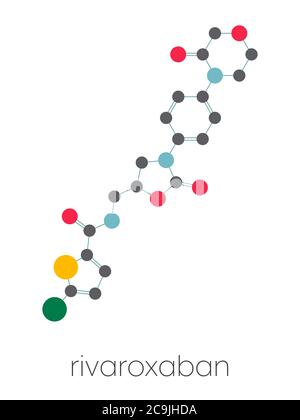 Molécule de médicament anticoagulant rivaroxaban (inhibiteur de facteur direct Xa). Formule squelettique stylisée (structure chimique). Les atomes sont représentés par un code de couleur c Banque D'Images