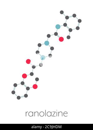 Molécule antianginale de Ranolazine. Utilisé dans le traitement de l'angine de poitrine chronique. Formule squelettique stylisée (structure chimique). Les atomes sont représentés par Banque D'Images