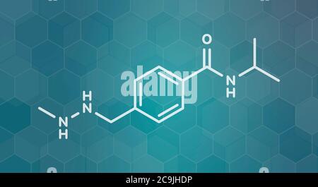 Molécule de médicament contre le cancer de la procarbazine. Agent alkylant utilisé dans le traitement du lymphome de Hodgkin et du cancer du cerveau du glioblastome. Formule blanche du squelette sur d Banque D'Images