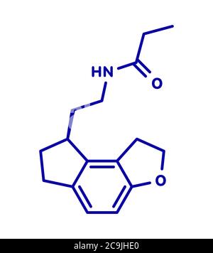 Molécule de médicament d'insomnie de Ramelteon. Formule squelettique bleue sur fond blanc. Banque D'Images