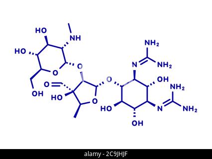 Molécule antibiotique de la tuberculose streptomycine (classe des aminoglycosides). Formule squelettique bleue sur fond blanc. Banque D'Images