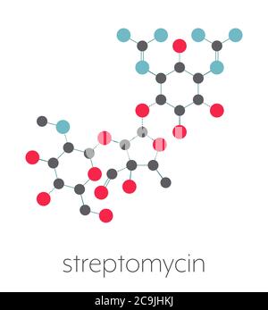 Molécule antibiotique de la tuberculose streptomycine (classe des aminoglycosides). Formule squelettique stylisée (structure chimique). Les atomes sont représentés par un code de couleur c Banque D'Images