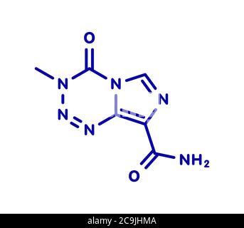 Molécule de médicament de chimiothérapie pour le cancer du Témozolomide. Formule squelettique bleue sur fond blanc. Banque D'Images