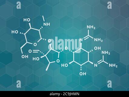 Molécule antibiotique de la tuberculose streptomycine (classe des aminoglycosides). Formule blanche du squelette sur fond de gradient sarcelle foncé avec motif hexagonal. Banque D'Images