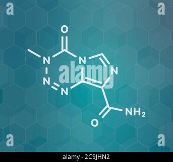 Molécule de médicament de chimiothérapie pour le cancer du Témozolomide. Formule blanche du squelette sur fond de gradient sarcelle foncé avec motif hexagonal. Banque D'Images