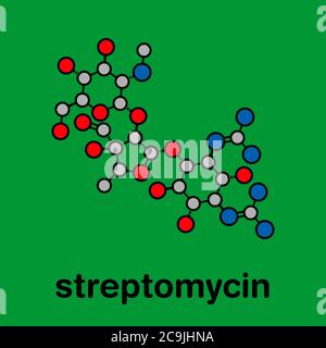 Molécule antibiotique de la tuberculose streptomycine (classe des aminoglycosides). Formule squelettique stylisée (structure chimique). Les atomes sont représentés par un code de couleur c Banque D'Images