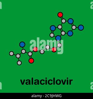 Valaciclovir (valacyclovir) molécule de médicament d'infection à l'herpès. Formule squelettique stylisée (structure chimique). Les atomes sont représentés sous forme de cercles avec code couleur Banque D'Images