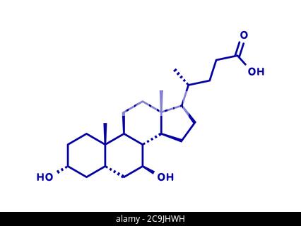 Ursodiol (acide ursodésoxycholique, UDCA) molécule de traitement de la pierre gallique. Formule squelettique bleue sur fond blanc. Banque D'Images