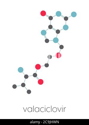 Valaciclovir (valacyclovir) molécule de médicament d'infection à l'herpès. Formule squelettique stylisée (structure chimique). Les atomes sont représentés par des cercles de couleur con Banque D'Images